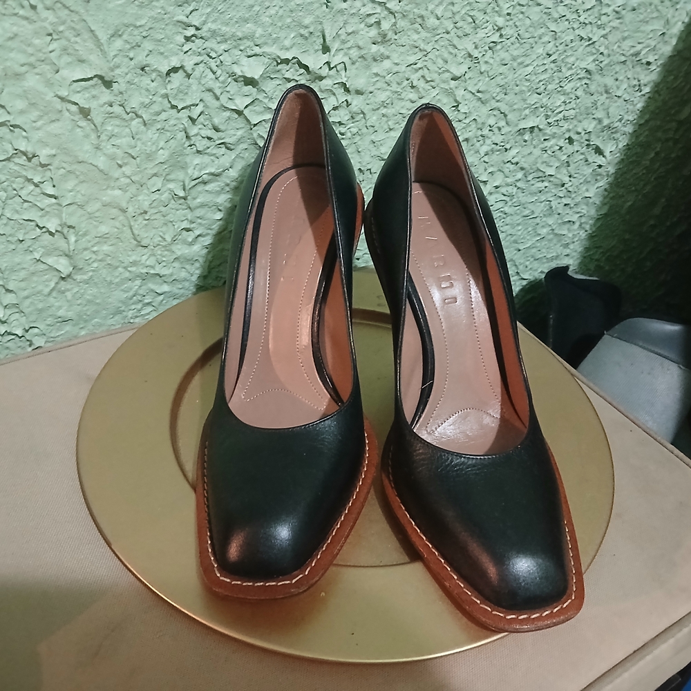 Marni Black Leather Square-Toe Heels